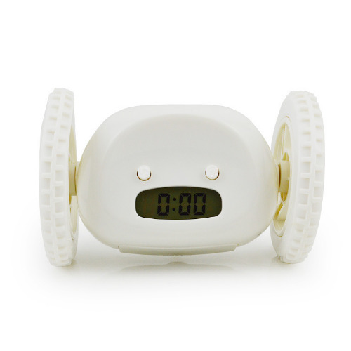 (White) Running Away Running Rolling Alarm Clock On Wheels Digital Clock