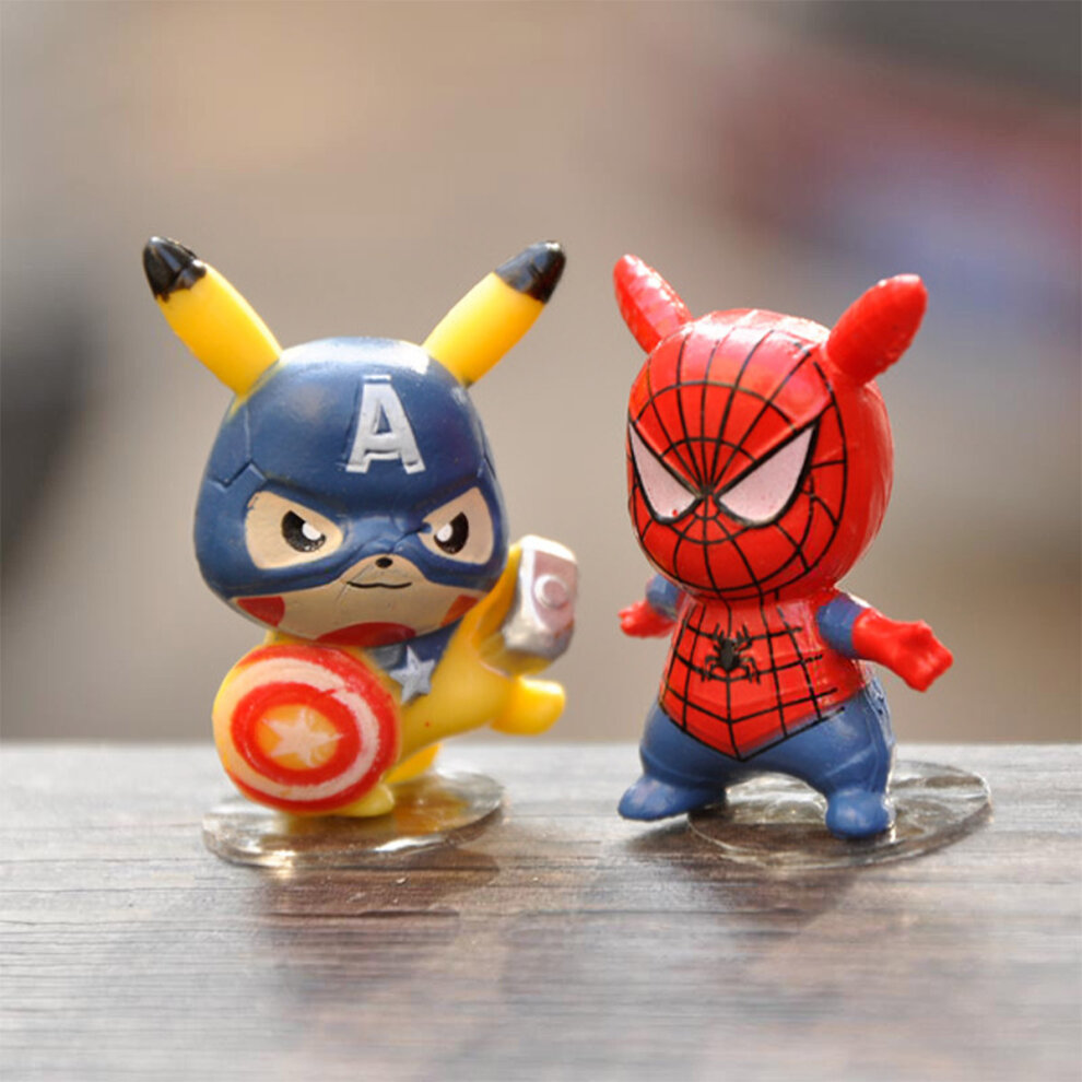 Pokemon X Marvel Figures Pikachu Cosplay Superhero Spiderman Hulk Captain America Action Figure 6PC Characters Mini Figure Sets Desk Decoration Kids Collection Gifts