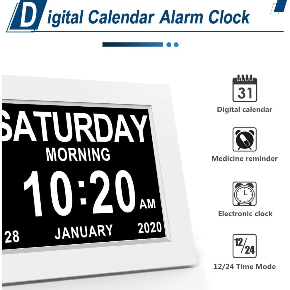 (White) Calendar Memory Loss Day Clock with Digital Photo Frame Extra Large Non-Abbreviated Day Month 8 Inch