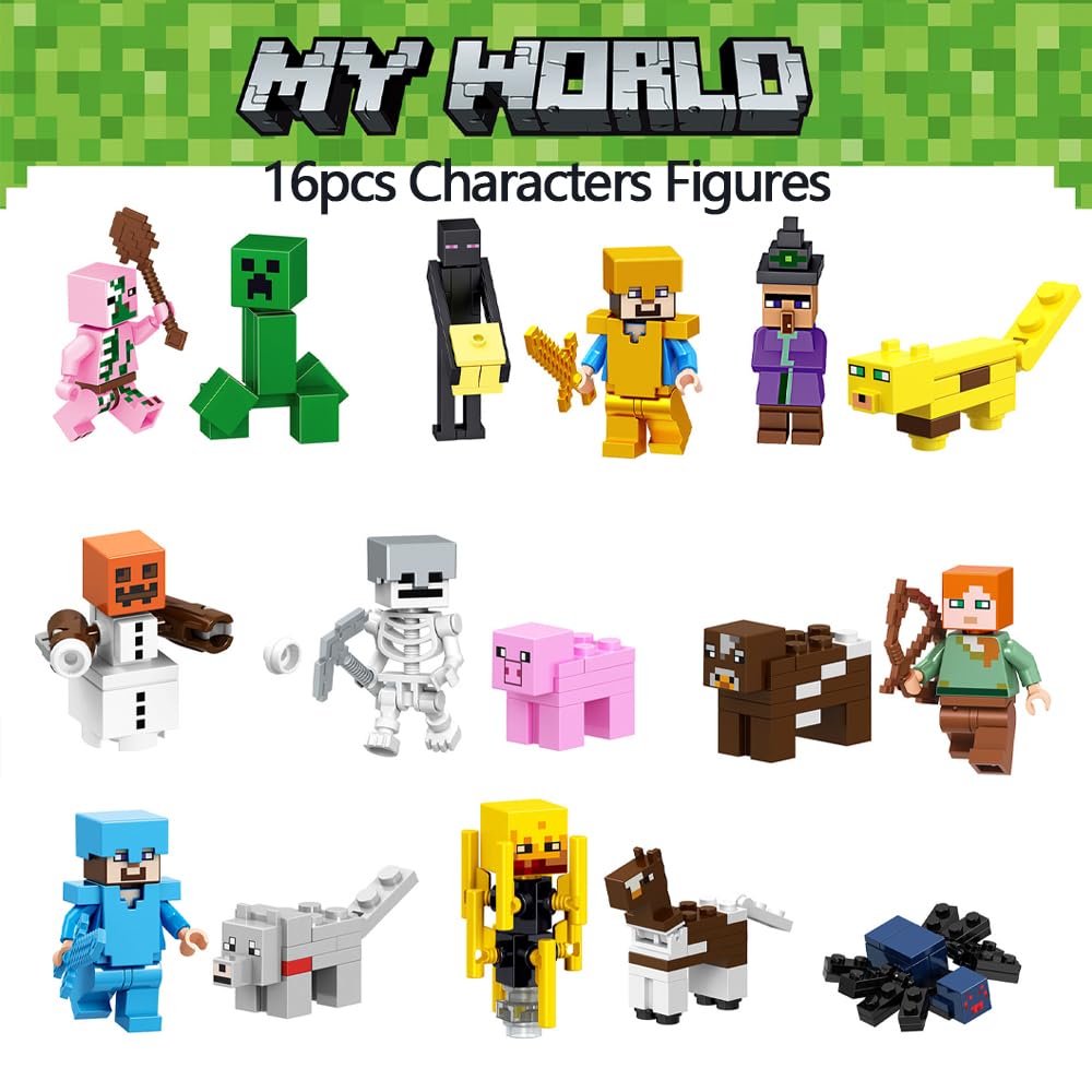 Minecraft Minifigure Building Blocks Kids Mini Toys Cake Toppers Cake Decorations Happy Birthday Topper for NTN Game Cupcake Decor 16pcs Set Fit Lego