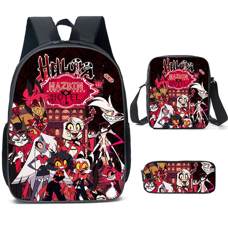 Hazbin Hotel School Backpack School Bags Shoulder Bag Pencil Case 3 Pieces Set Cartoon Student Travel Rucksack for Boys Girls