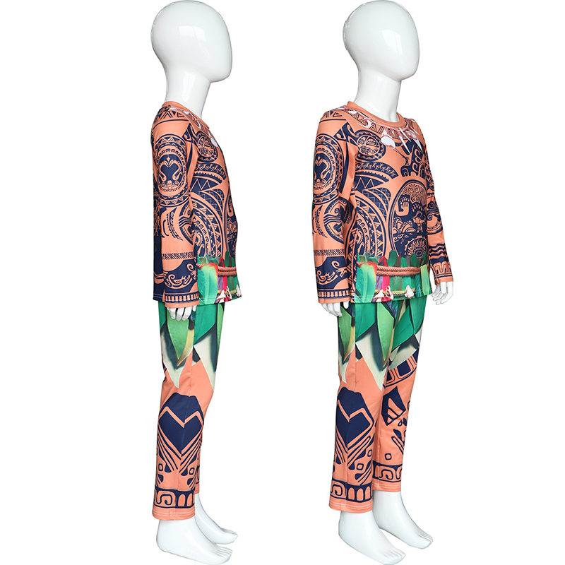(Size 100) Moana Maui Tattoo Cosplay Costume Boys Adventure Cartoon Long Sleeve T Shirt Pants Set Kids Halloween Dress Up Party Costumes Suit Outfits
