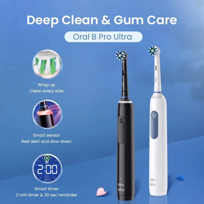 Oral B Pro Ultra Electric Toothbrush Pro 4 Pressure Sensor 48800 Strokes Min 2 Min Timer 30s Reminder 4 Modes 3 Brush Heads