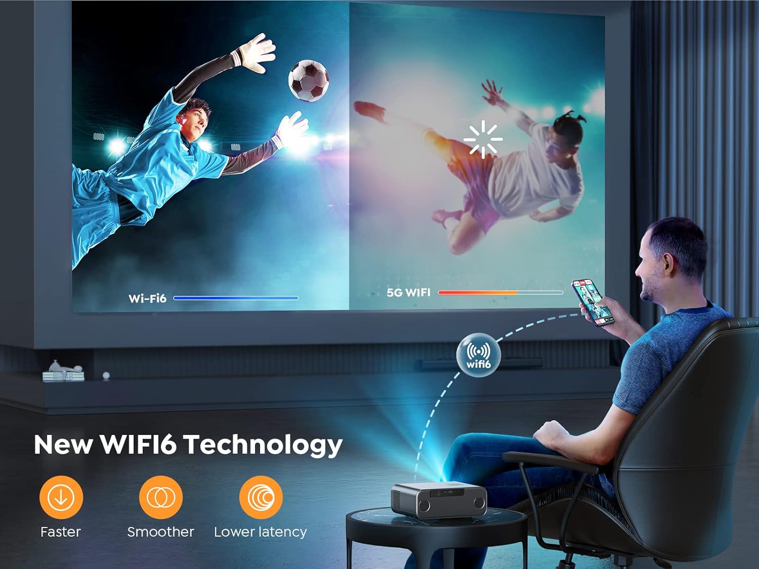 Auto Focus Keystone Projector 26000 Lumens FHD 1080P Portable Projector WiFi Bluetooth Projector Zoom Function Smart Projector Home Cinema Projector for Smartphone TV Stick PPT