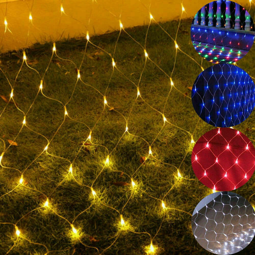 (Blue) Solar LED String Fairy Net Lights Curtain Mesh Christmas Party Garden Outdoor AU