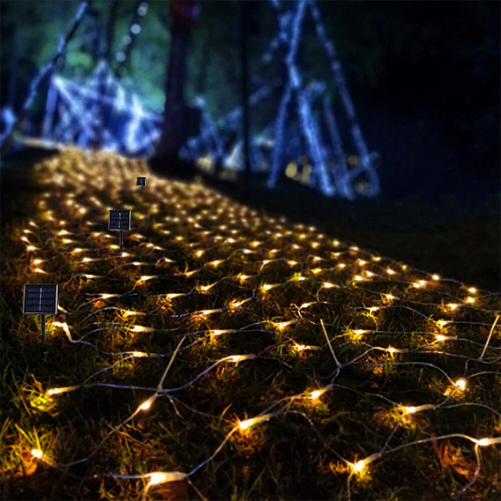 (Blue) Solar LED String Fairy Net Lights Curtain Mesh Christmas Party Garden Outdoor AU