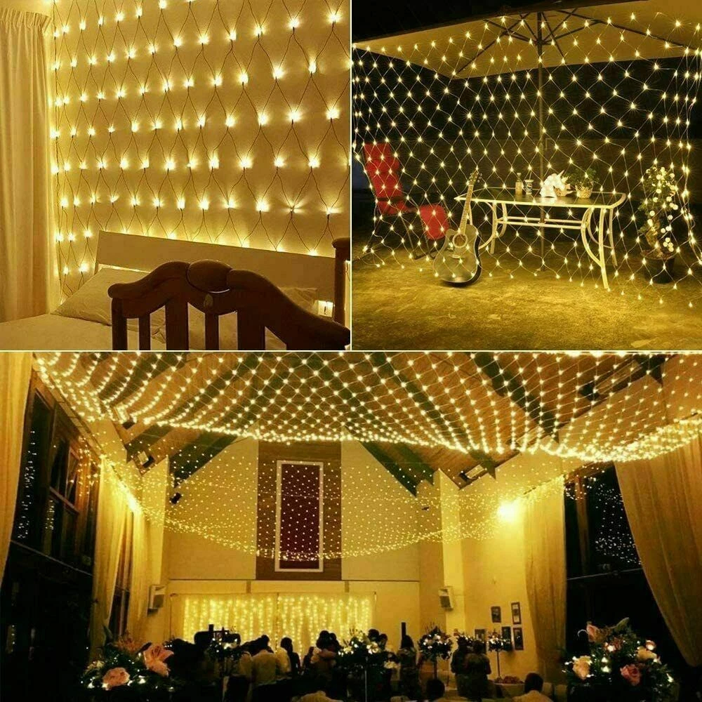 (Blue) Solar LED String Fairy Net Lights Curtain Mesh Christmas Party Garden Outdoor AU