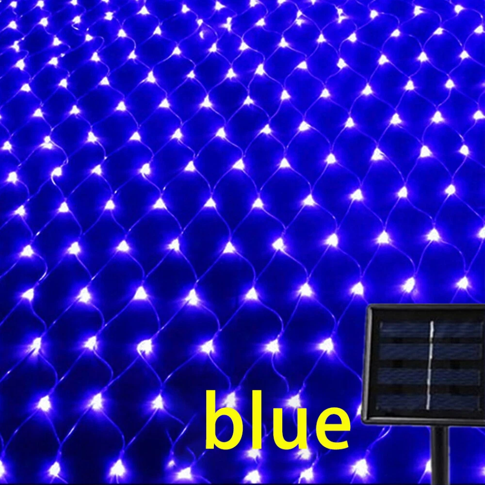 (Blue) Solar LED String Fairy Net Lights Curtain Mesh Christmas Party Garden Outdoor AU