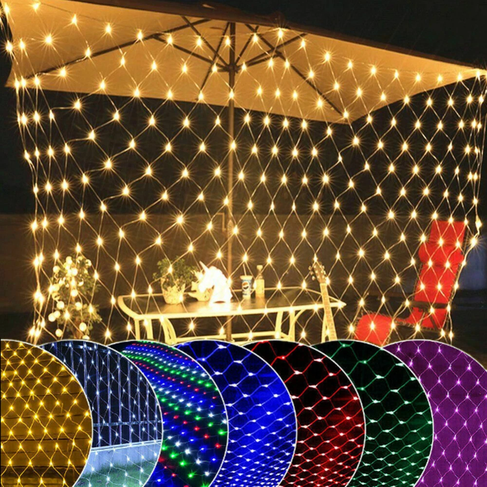(Blue) Solar LED String Fairy Net Lights Curtain Mesh Christmas Party Garden Outdoor AU