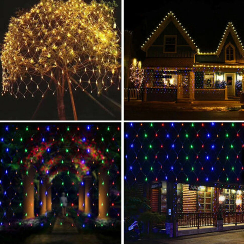 (Blue) Solar LED String Fairy Net Lights Curtain Mesh Christmas Party Garden Outdoor AU