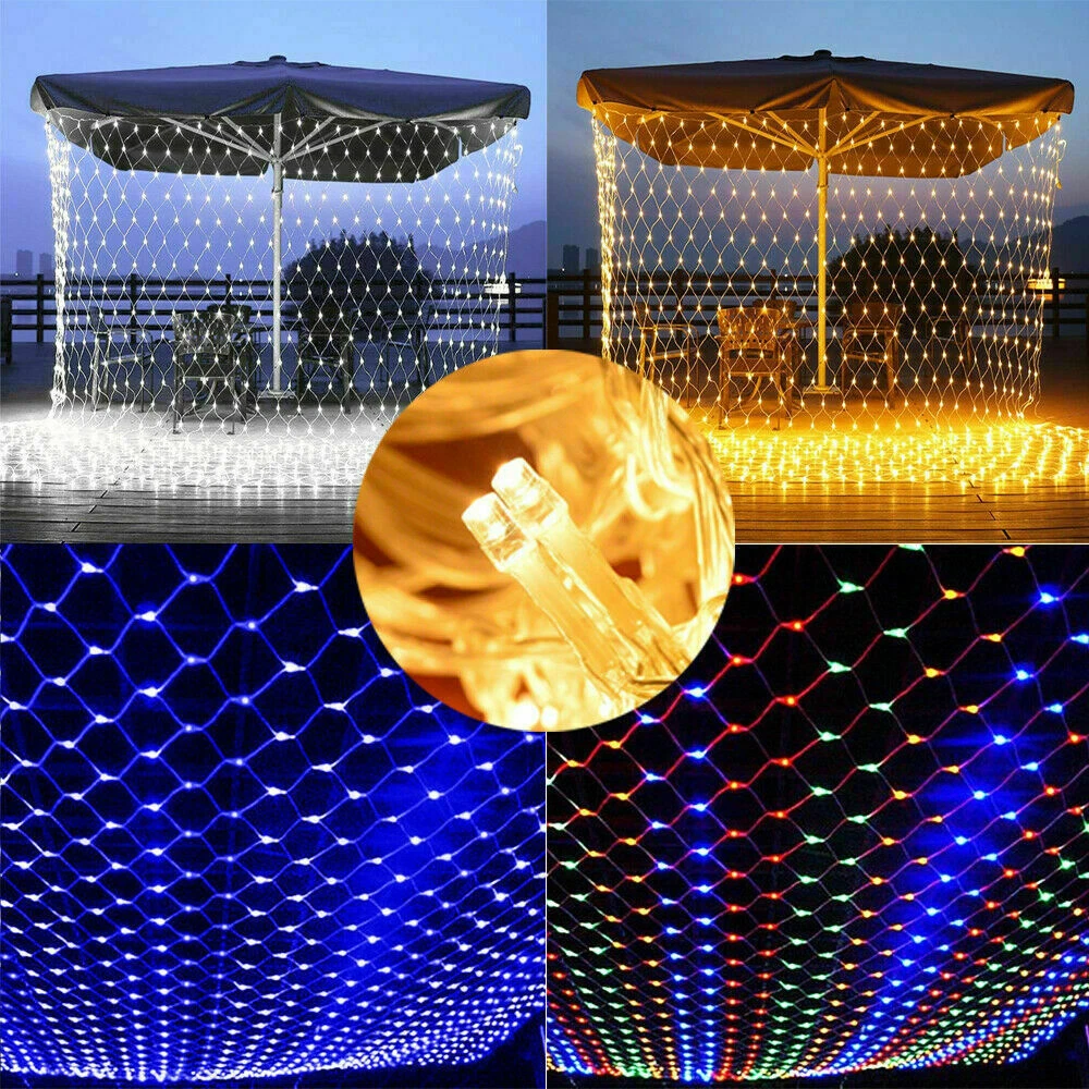 (Blue) Solar LED String Fairy Net Lights Curtain Mesh Christmas Party Garden Outdoor AU