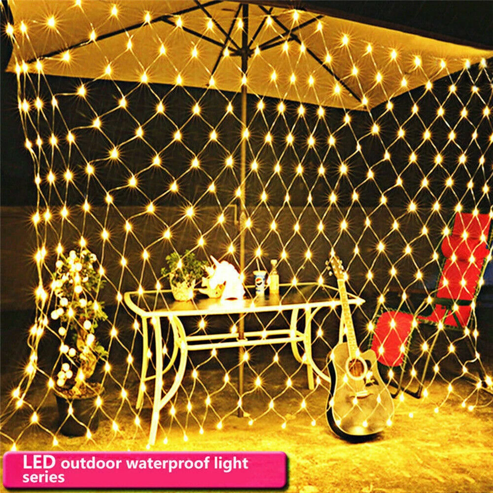 (Blue) Solar LED String Fairy Net Lights Curtain Mesh Christmas Party Garden Outdoor AU