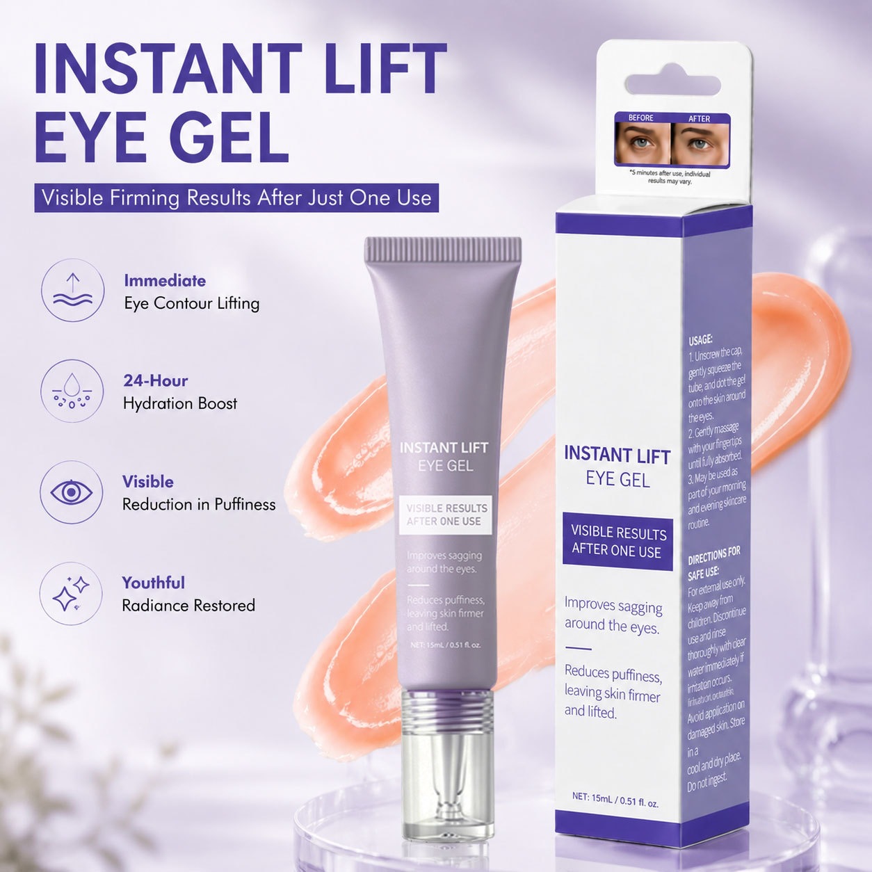 Instant Firming Eye Lift Gel Tightening Moisturising Under Eye Treatment for Daily Home Care Clear 15ml