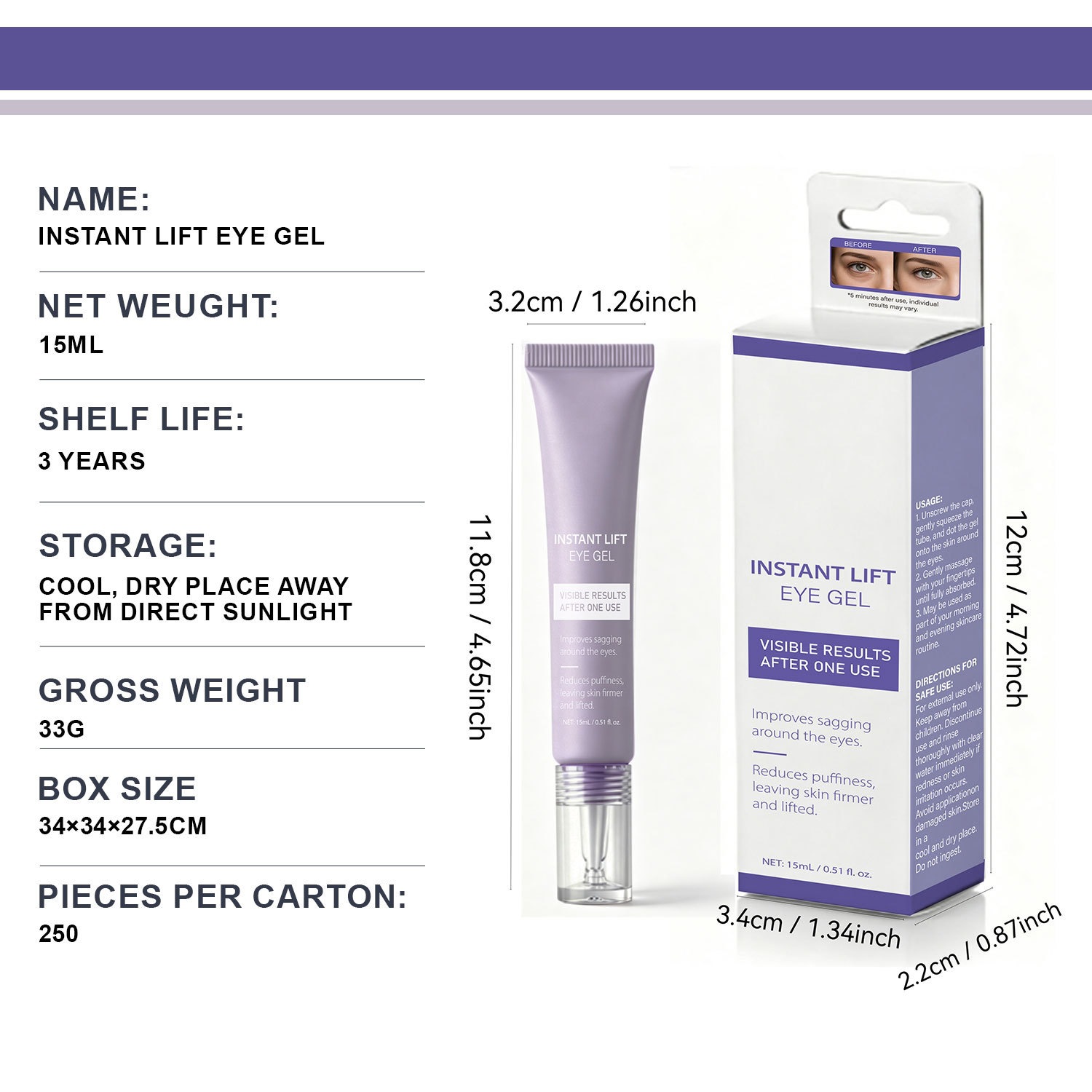 Instant Firming Eye Lift Gel Tightening Moisturising Under Eye Treatment for Daily Home Care Clear 15ml