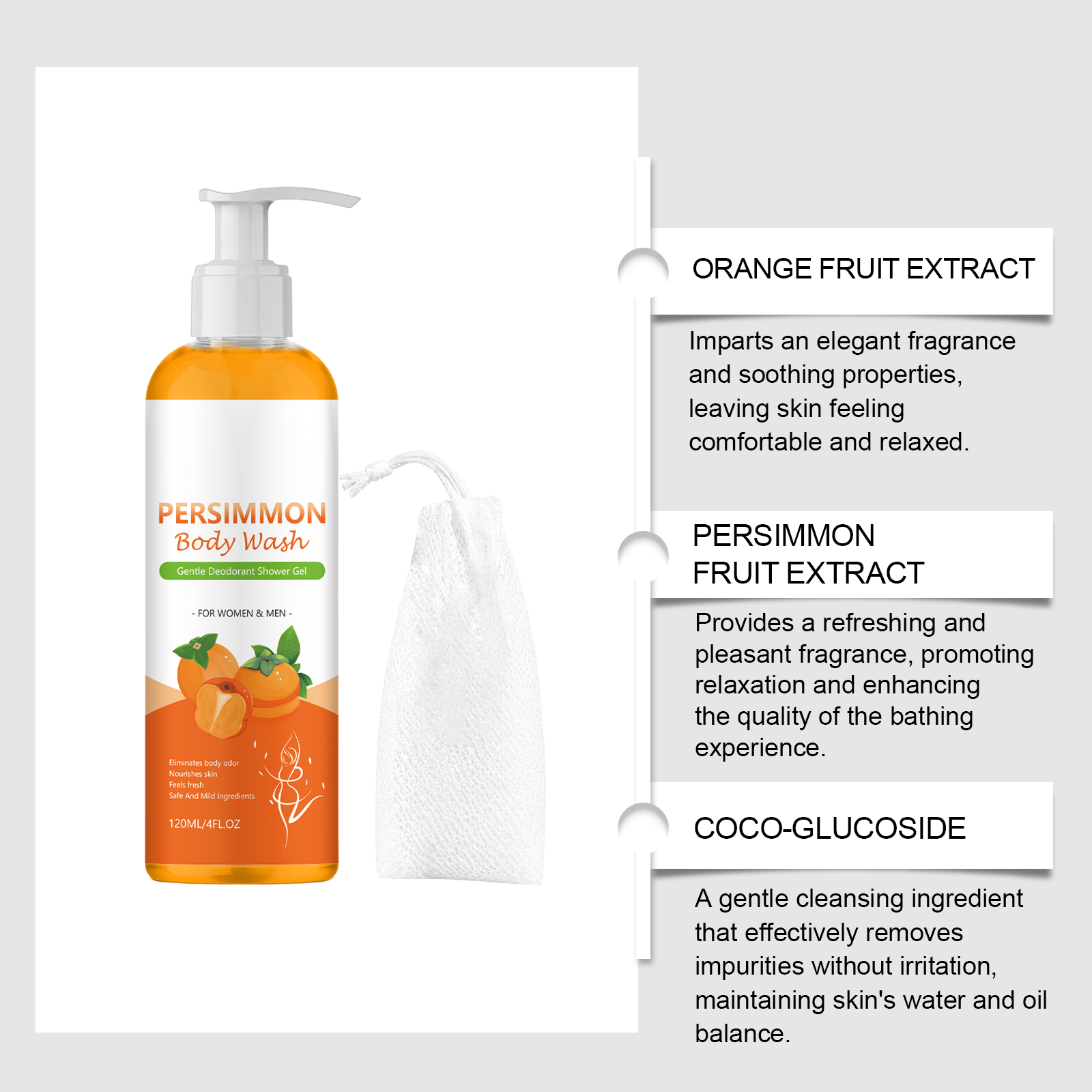 Body Wash Comfortable Refreshing Dense Foam Persimmon Orange Fragrance Body Skin Cleansing Shower Gel