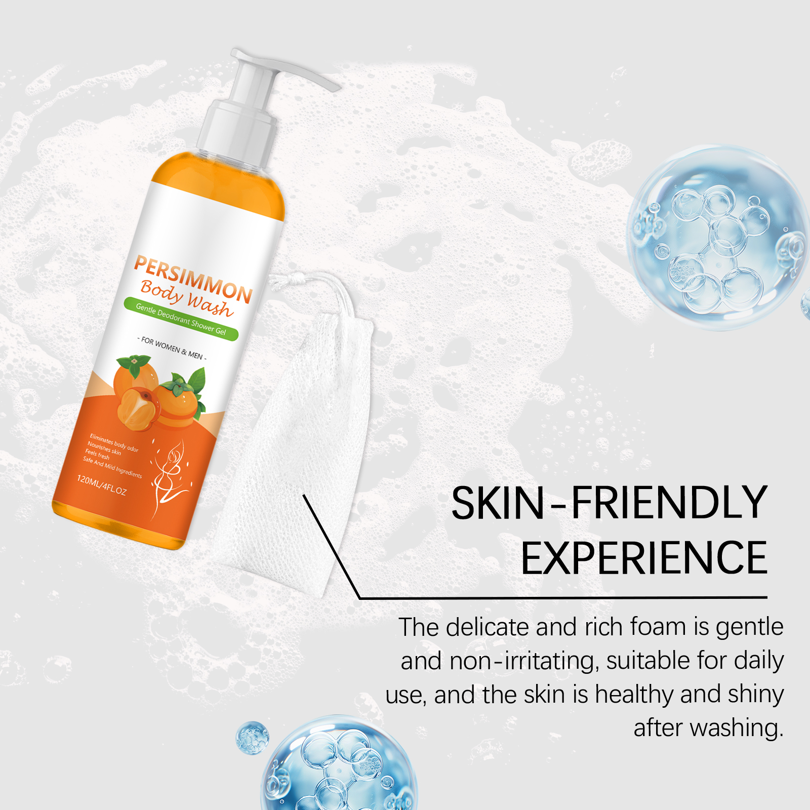Body Wash Comfortable Refreshing Dense Foam Persimmon Orange Fragrance Body Skin Cleansing Shower Gel