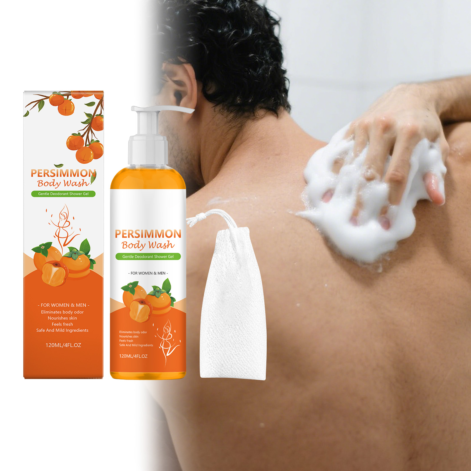 Body Wash Comfortable Refreshing Dense Foam Persimmon Orange Fragrance Body Skin Cleansing Shower Gel