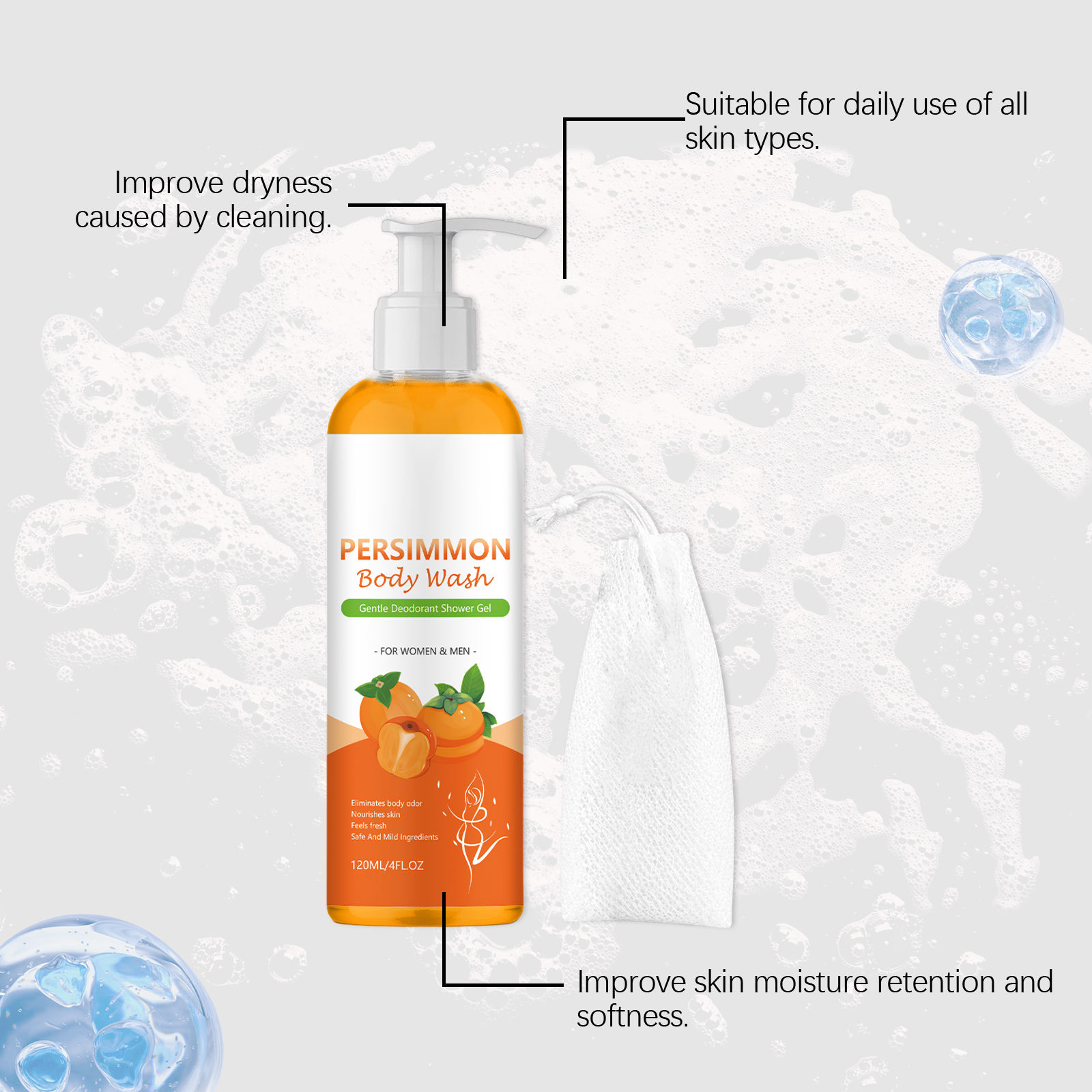 Body Wash Comfortable Refreshing Dense Foam Persimmon Orange Fragrance Body Skin Cleansing Shower Gel