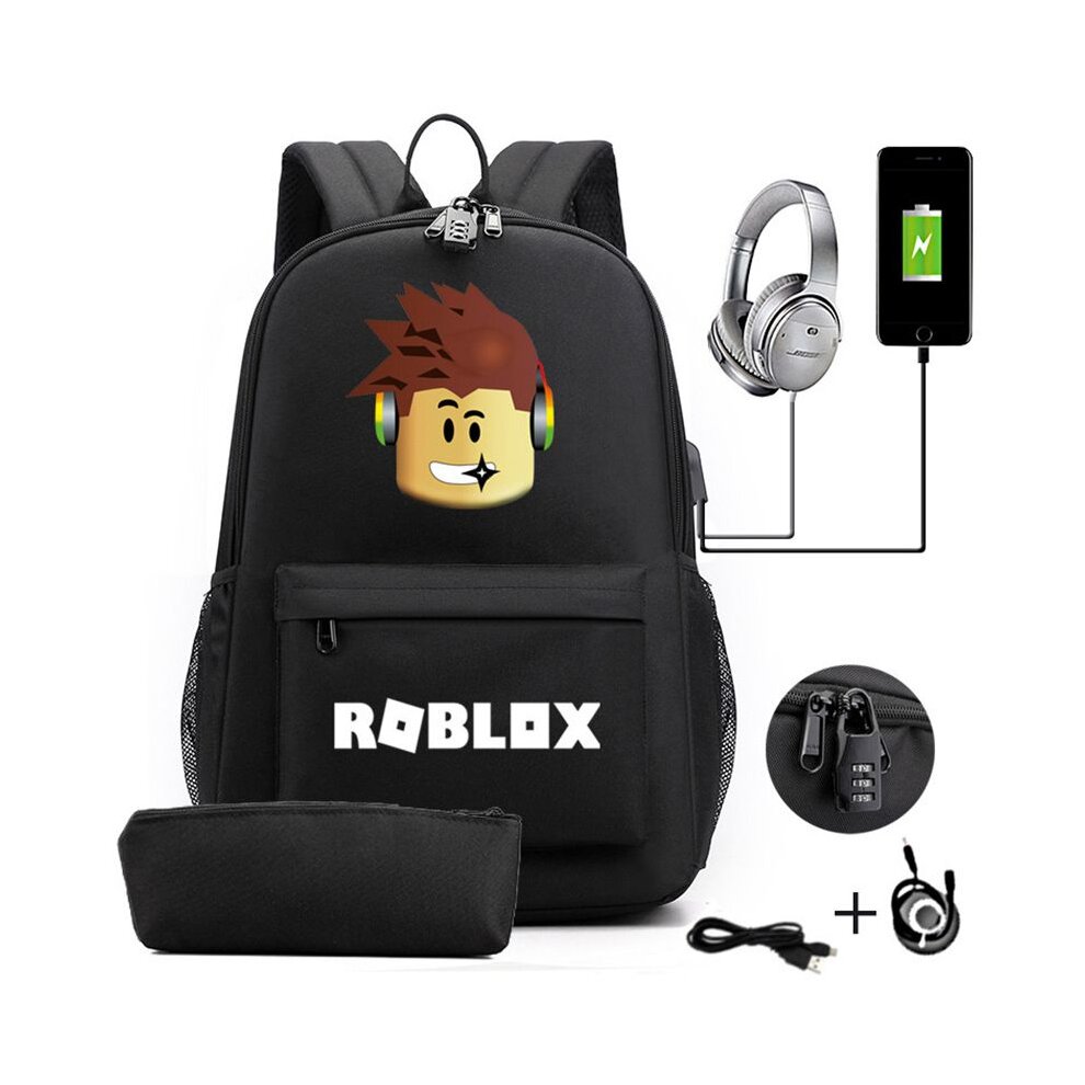 (Black) Roblox Anti-theft USB Charge Backpack Travel Bag