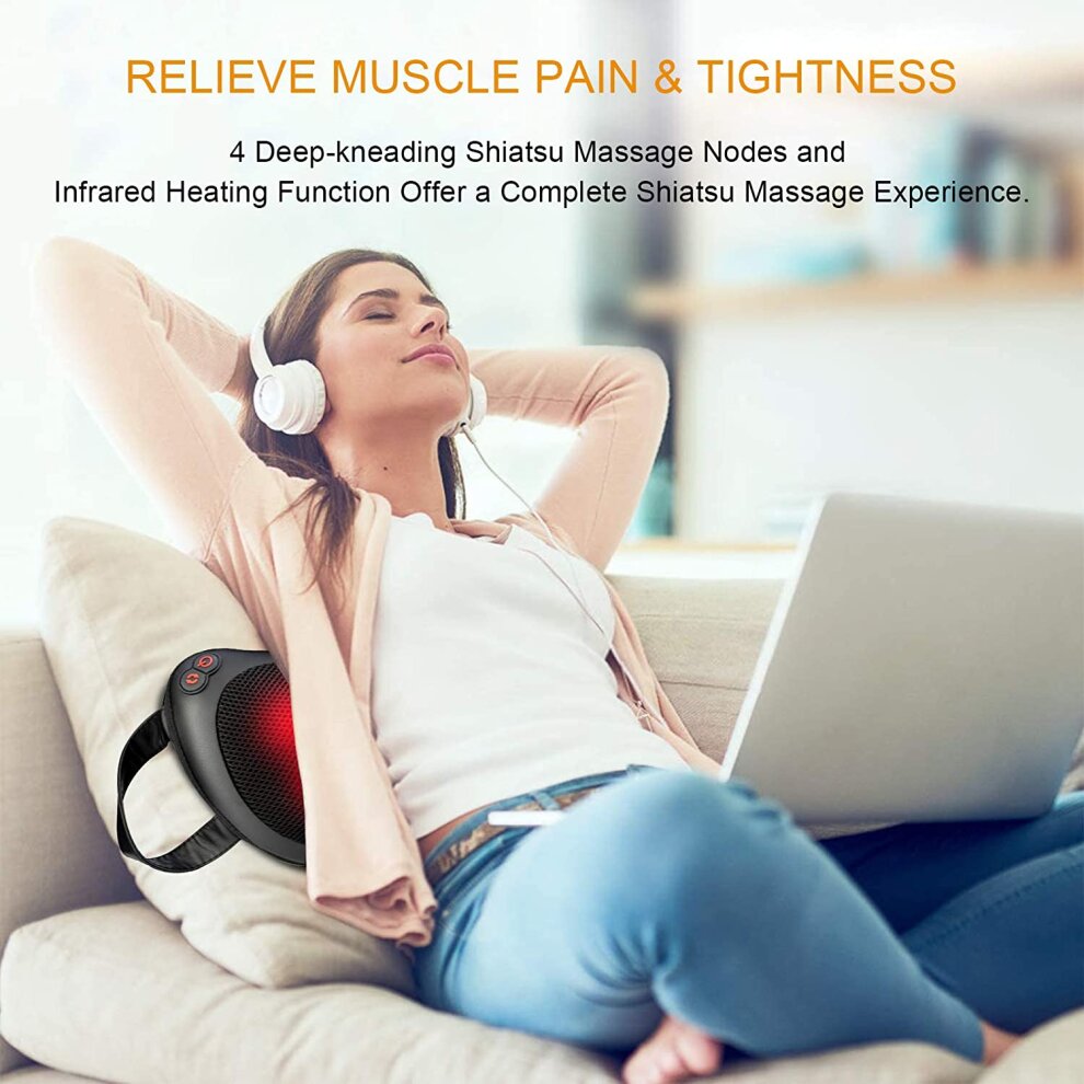 Electric Back and Neck Massager with Heat 4 Speed Modes Deep Shiatsu Massage Pillow for Muscle Pain Relief Tissue Kneading Massager Relaxation Gifts for Women Men Mom Dad Use at Home Office and Car