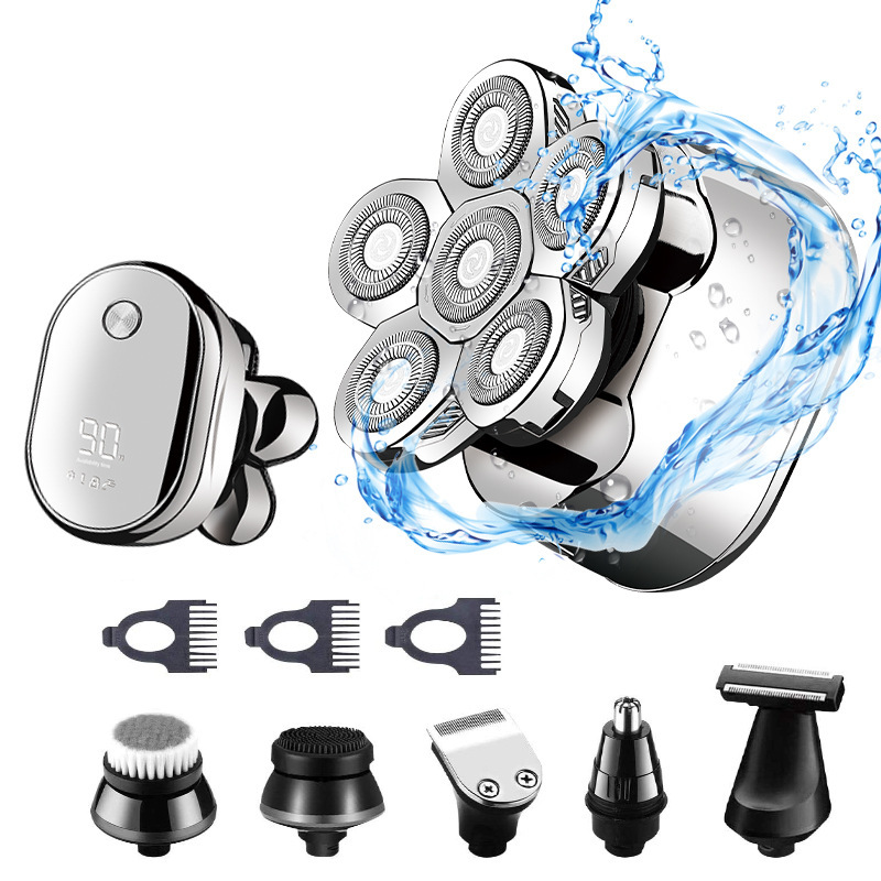 (Silver) Electric Head Shaver for Men Head Shaver 6-in-1 Waterproof Wet Dry Electric Face Shaver Razor Beard Grooming Kit Cordless Rechargeable Bald Head Razor