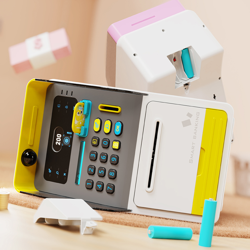 (Yellow) Mini ATM Kids Safe Piggy Bank Electronic Cash Coins Save Box for Kids With Face Recognition Unlocking Birthday Toys Gifts