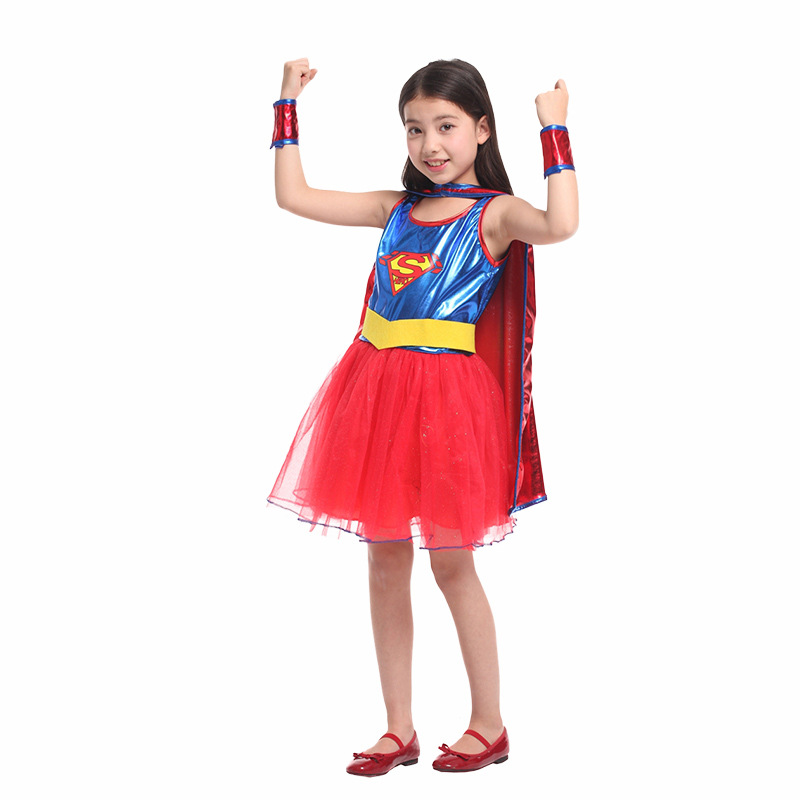 (M) Supergirls Dress Cosplay Costumes Child Girls Super Hero Fancy Dress Shoe Covers Suit Halloween Costumes for Kids Party Dress