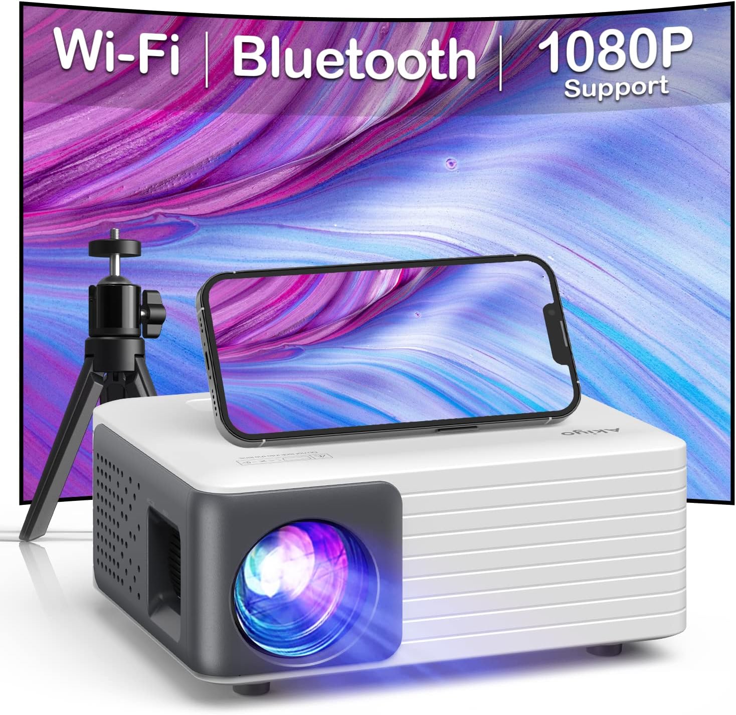 Mini Projector with WiFi Bluetooth Portable Projector Full HD 1080P Support with Tripod Phone Projector for Home Theater Video Projector Compatible with iOS Android HDMI USB Fire Stick PS5