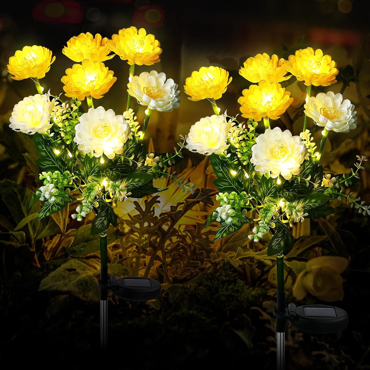 (Yellow) Solar Lights Outdoor Garden 2 Pack Snow Lotus Solar Garden Lights Garden Lights Solar Powered Waterproof with 7 Small Snow Lotus Flowers Garden Ornaments Outdoo
