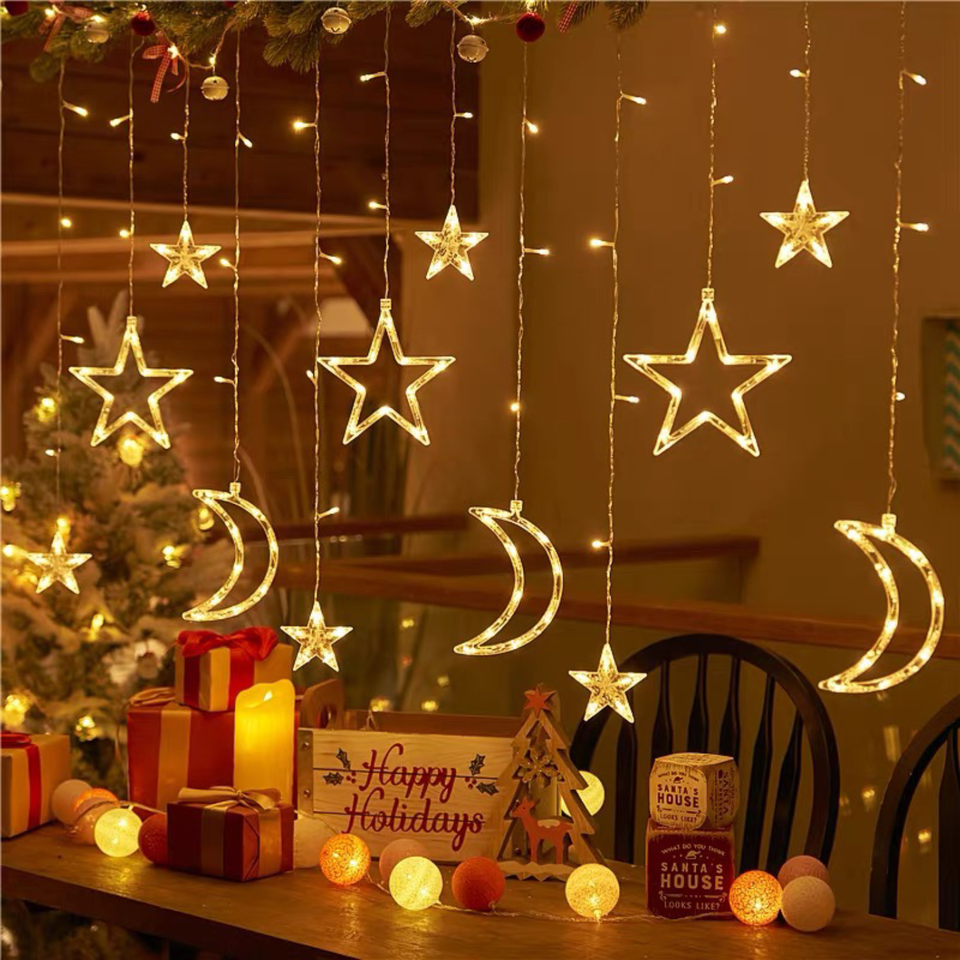 Solar Battery Power LED Star Moon String Lights Curtain Fairy String Lamp Outdoor Garden Lamp for Wedding Party Christmas Decor
