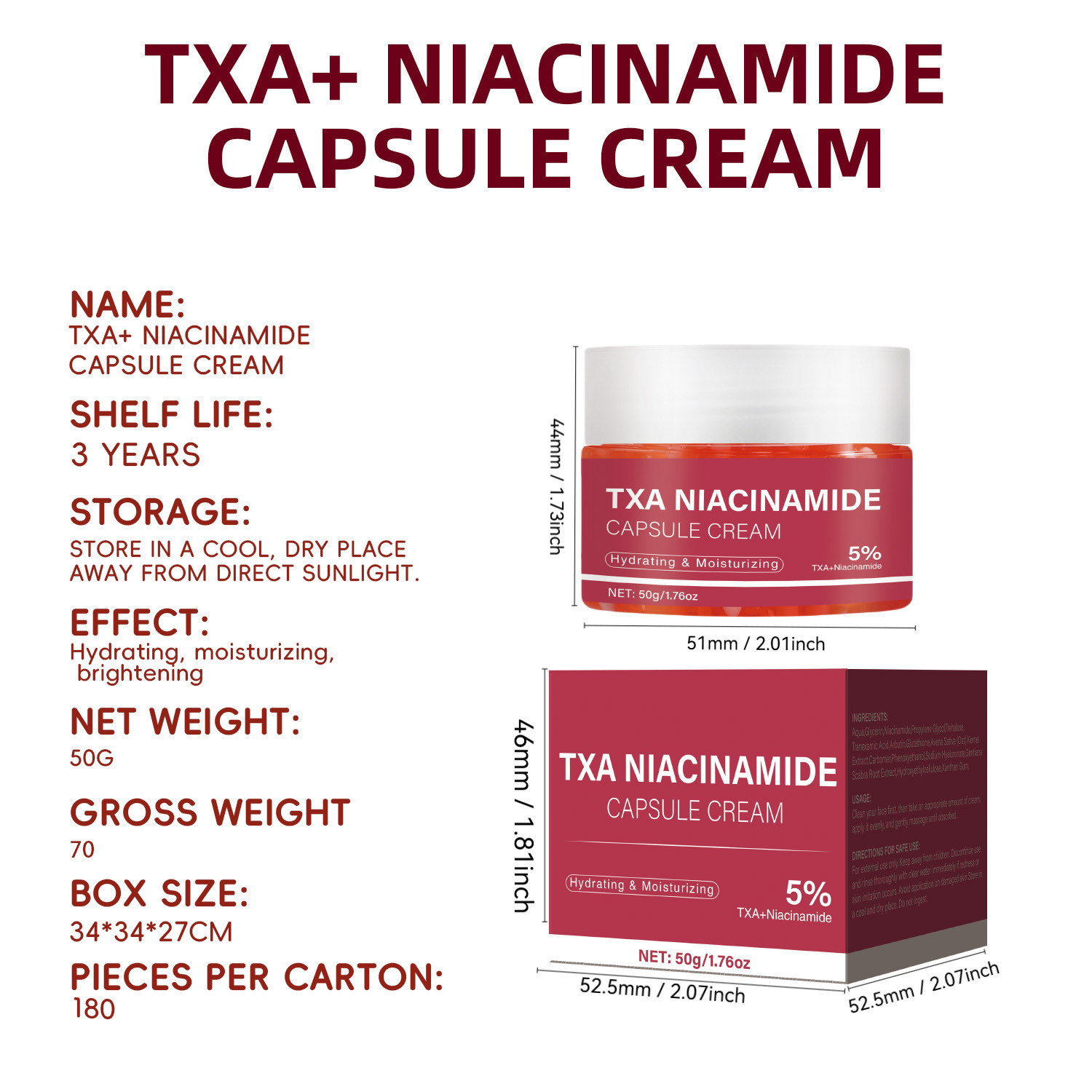 TXA Niacinamide Capsule Cream Brightening Even Tone Daily Face Moisturizer 50g