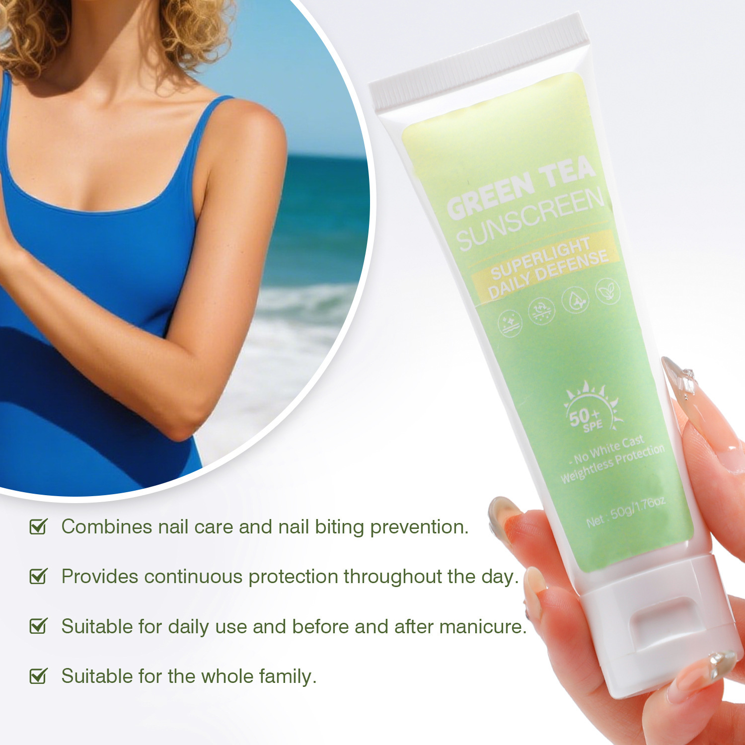 Green Tea Protective Cream Moisturizing Hydrating Nourishing Skin Softening Daily Face Sunscreen 50g