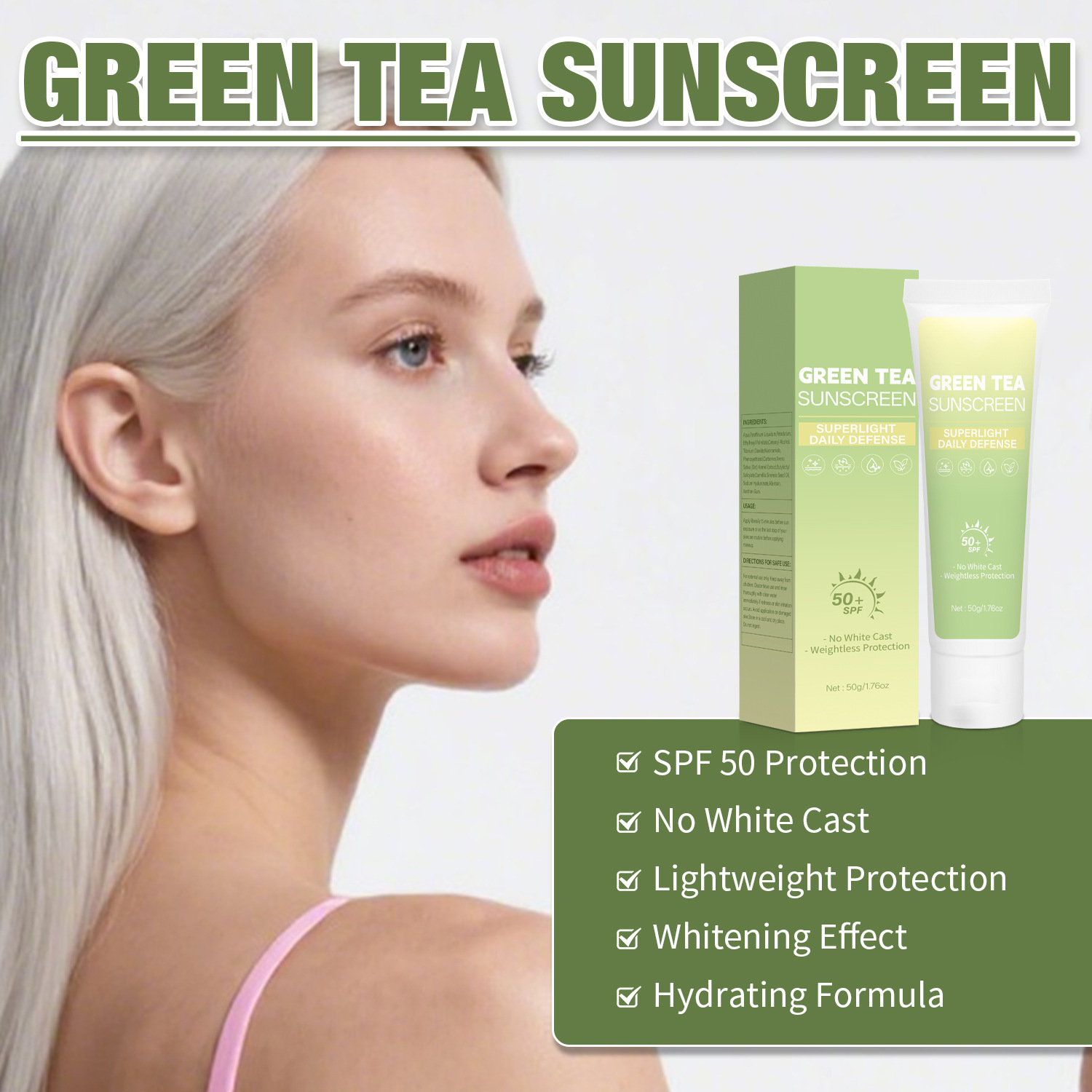 Green Tea Protective Cream Moisturizing Hydrating Nourishing Skin Softening Daily Face Sunscreen 50g