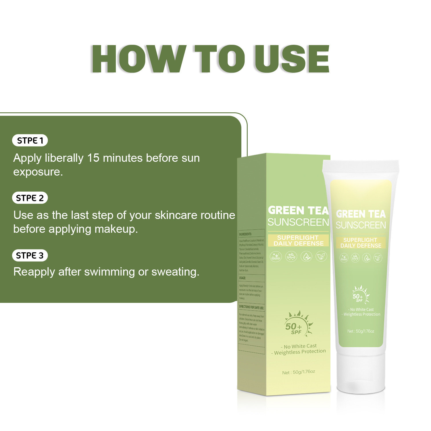 Green Tea Protective Cream Moisturizing Hydrating Nourishing Skin Softening Daily Face Sunscreen 50g