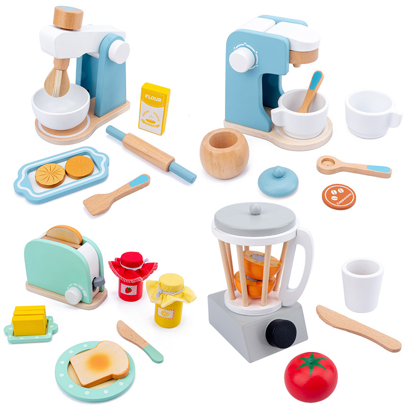 (MR Blender) Wooden Simulation Kitchen Toy Set Play House Early Education Toy Bread Machine Microwave Oven For Children's Christmas Gift