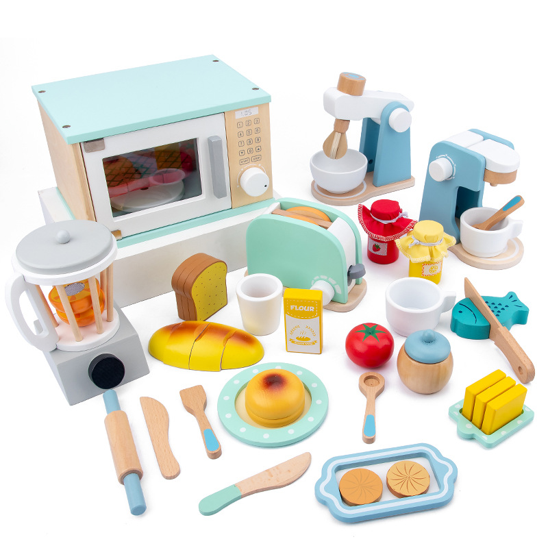 (MR Blender) Wooden Simulation Kitchen Toy Set Play House Early Education Toy Bread Machine Microwave Oven For Children's Christmas Gift