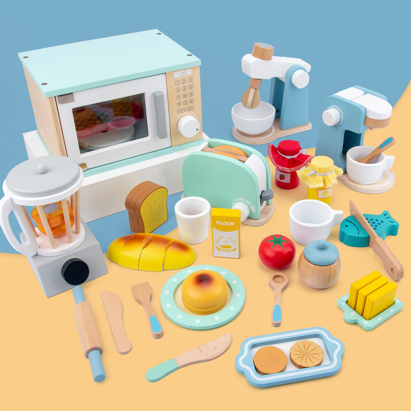 (MR Blender) Wooden Simulation Kitchen Toy Set Play House Early Education Toy Bread Machine Microwave Oven For Children's Christmas Gift