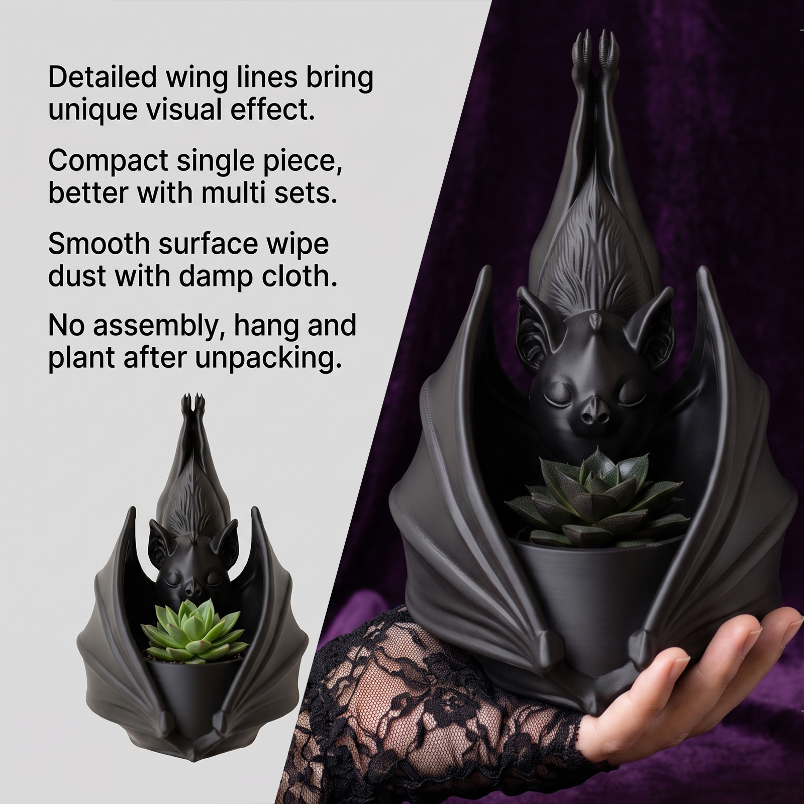Hanging Bat Flower Pot Halloween Creative Gothic Iron Wall Mount Balcony Succulent Decor Vessel