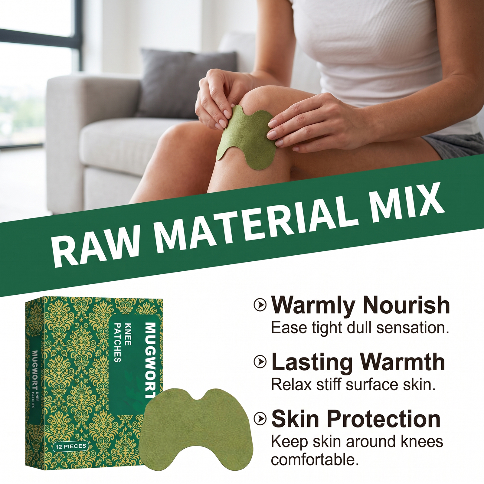 Mugwort Knee Patch Mild Care Knee Joint Gentle Massage Comfort Daily External Patch Skin Friendly Breathable