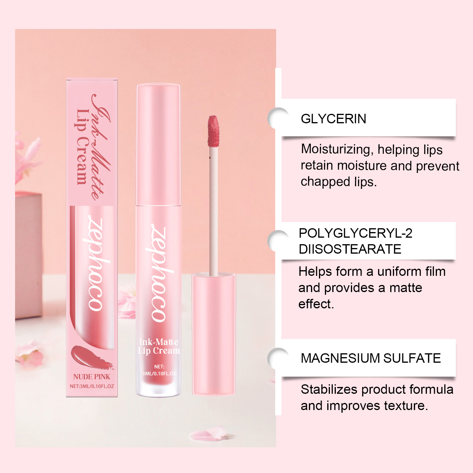 Nude Pink Matte Lip Gloss Moisturizing Silky Non Transfer Natural Brightening Premium Pigmented Lip Makeup