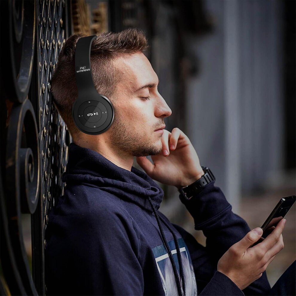 Bluetooth Headphones in-line Mic Stereo FM Radio 3.5mm Jack input Foldable-Black(Black)