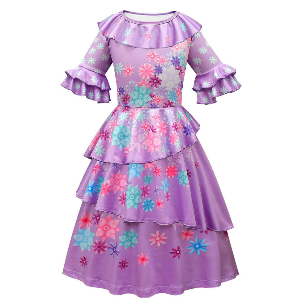 (6-7 Years) Girls Encanto Isabella Cosplay Costume Ruffle Floral Princess Dress Party Bi