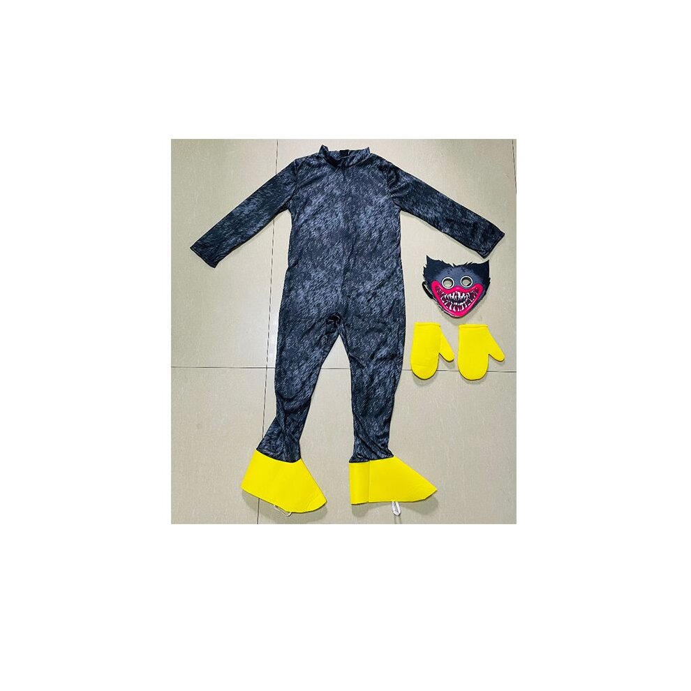 (Black, L) Poppy Playtime Kids Huggy Wuggy Cosplay Costume Bodysuit Jumpsuit Mask Gloves