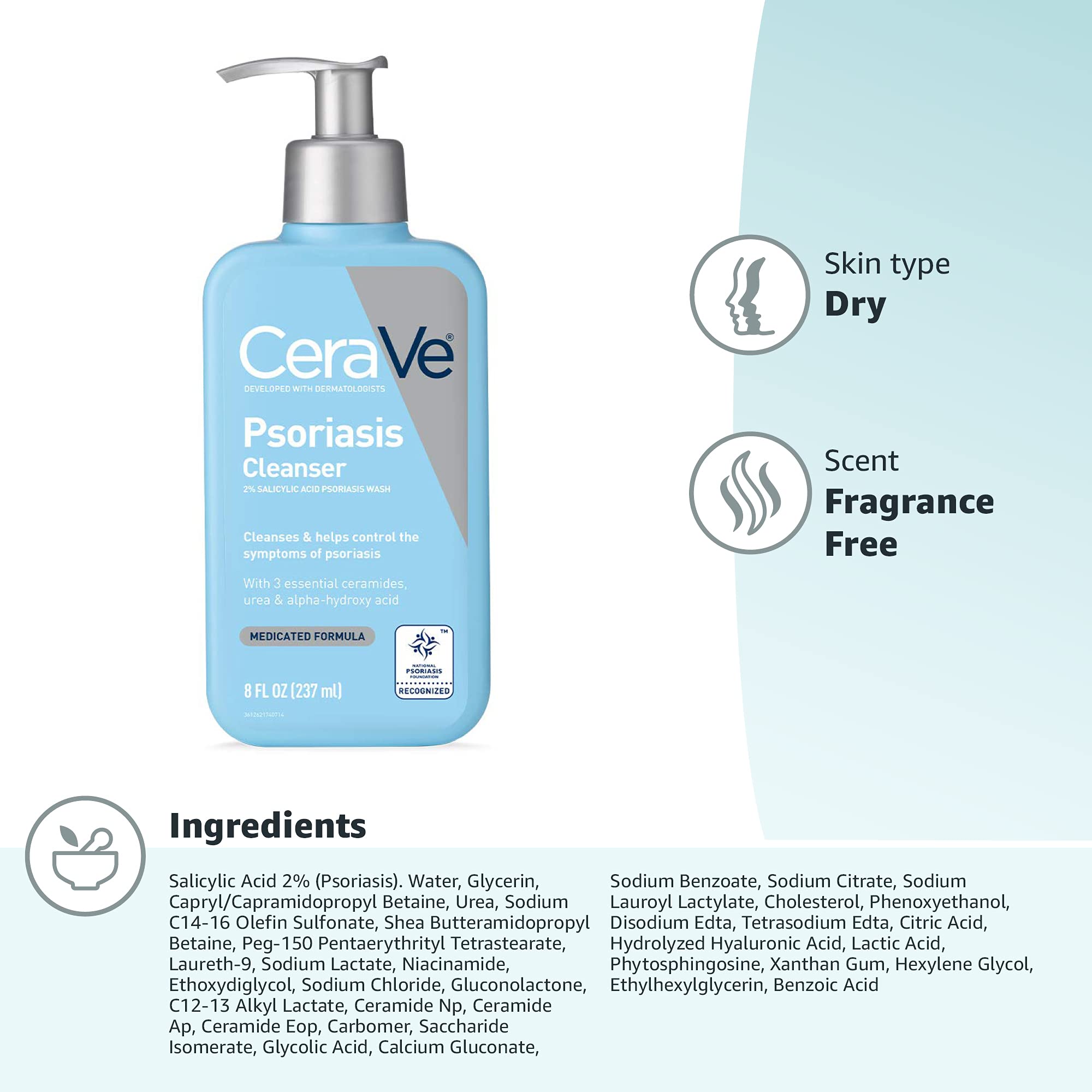CeraVe Psoriasis Cleanser Treatment with Salicylic Acid for Dry Skin Itch Relief and Latic Acid for Exfoliation 237ml