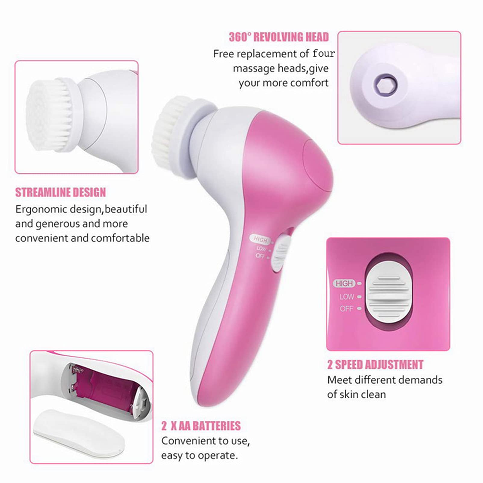 Facial Cleansing Brush Face Brush Electric Face Massager Facial Cleansing Spin Brush Set for Gentle Exfoliating Removing Blackhead for Teenage Girl