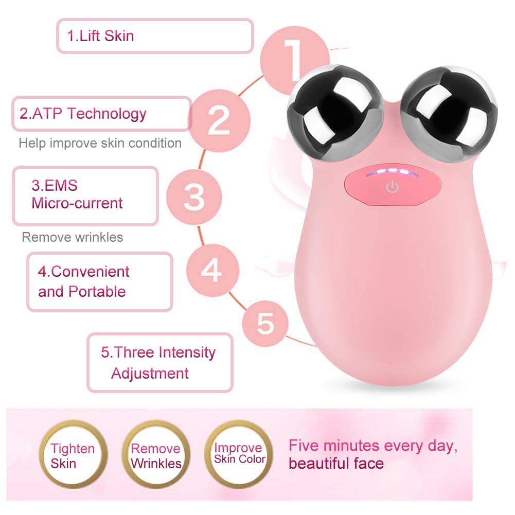 (Pink) Microcurrent Facial Roller Mini Face Massager Skin Massager EMS Slimming Beauty Machine Facial Skin Tightening Firming Facial Lifting Rejuvenation Spa