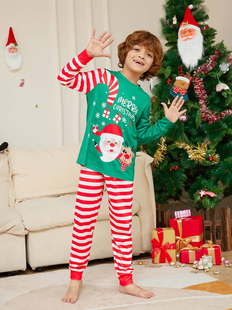 (3M Baby) Matching Family Pajamas Santa and Elk Print Christmas Family Matching Pajamas Adult Kid Baby Outfits Tops+Pants 2PCS Xmas Sleepwear Pyjamas Dog Clothes