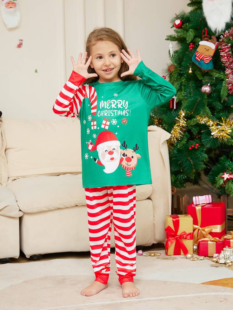 (3M Baby) Matching Family Pajamas Santa and Elk Print Christmas Family Matching Pajamas Adult Kid Baby Outfits Tops+Pants 2PCS Xmas Sleepwear Pyjamas Dog Clothes