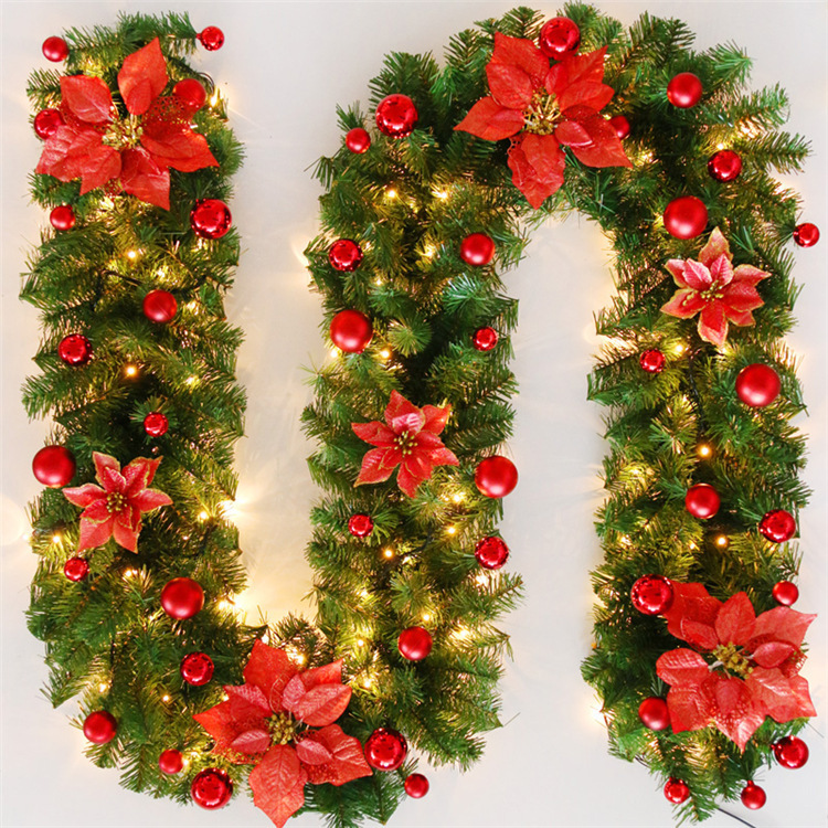 (Gold with Light) 9FT Pre Lit Christmas Garland LED Lights Wreath Xmas Decorations Ornaments Christmas Balls Wreath Christmas Wreaths Garlands and Plants