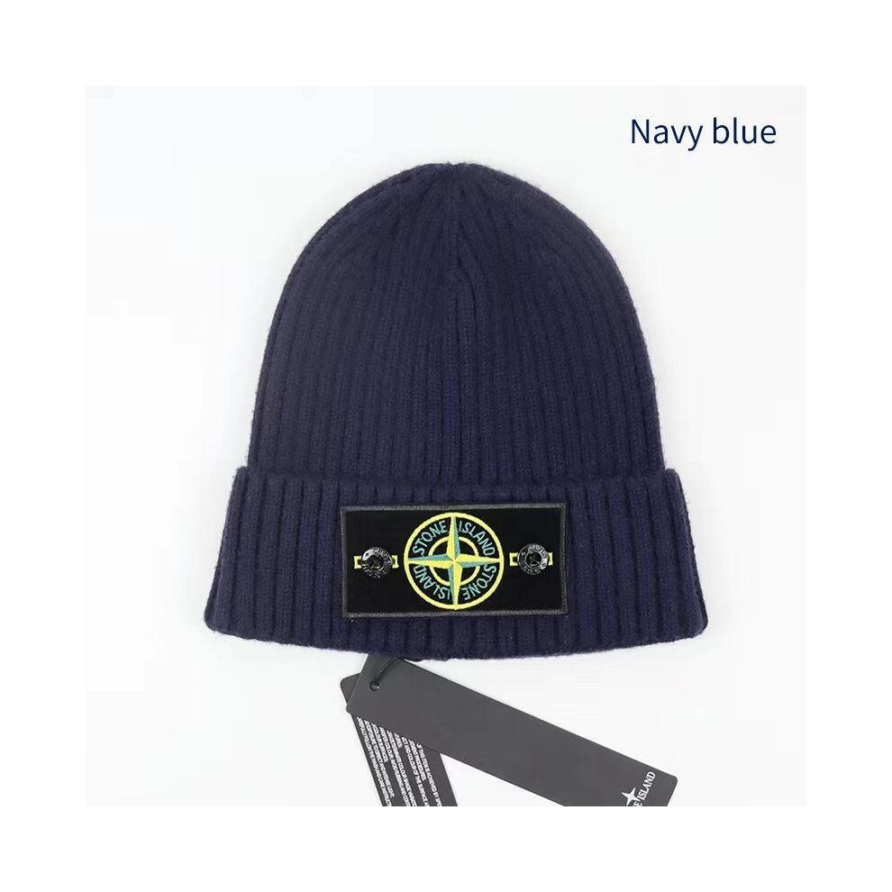 (Black) Stone Island Hat Warm Thick Cap Cuffed Knit Stretch Beanie Hat